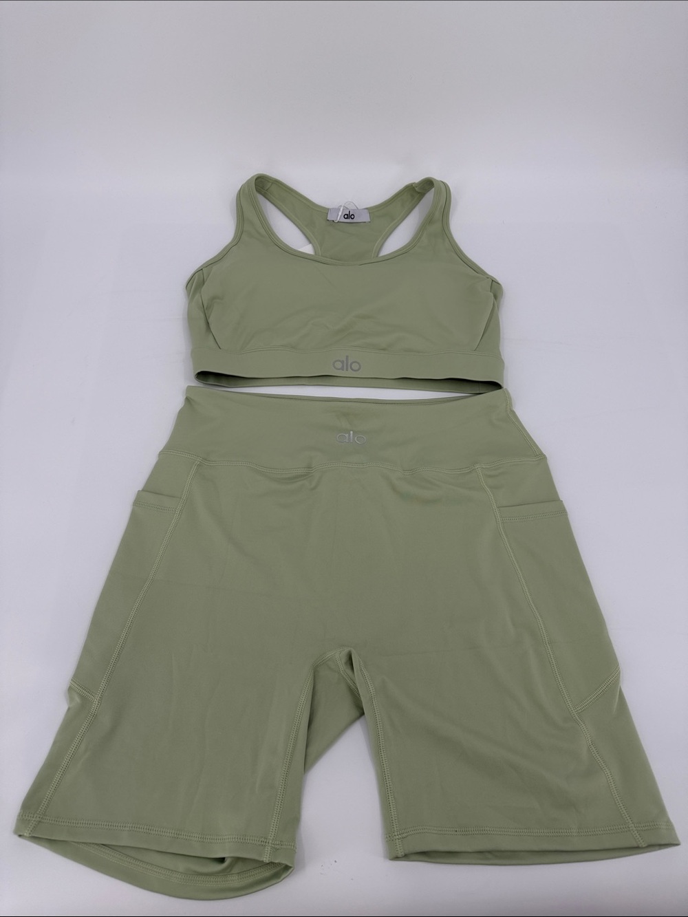 ALO Yoga Sage Green High-Rise Biker Shorts & Racerback Sports Bra Set